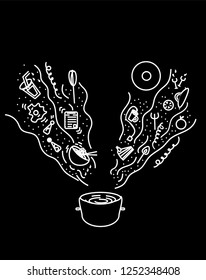 Kitchen tools and ingridients on black background. Banner design vector with white lines. 