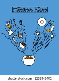Kitchen tools and ingridients on blue background with orange color. Quote Time to cook. Banner design vector. 