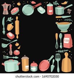 Kitchen tools. Kitchenware, cooking baking utensils. Isolated modern household elements in flat hand drawn style. Vector decorative frame.