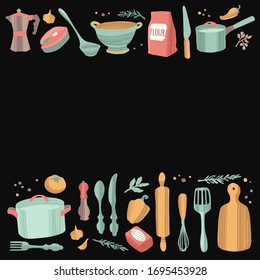 Kitchen tools. Kitchenware, cooking baking utensils. Isolated modern household elements in flat hand drawn style. Vector decorative frame.
