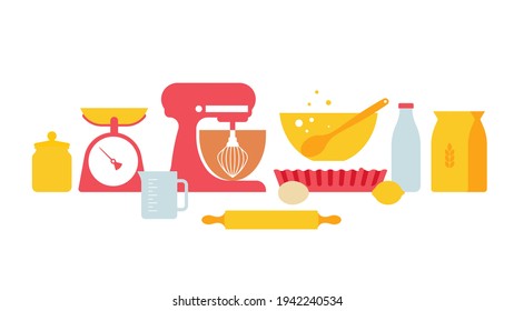 Kitchen tools, kitchenware - cups, bowls, rolling pin, scales, jar, mixer and others. Set of products for baking - flour, milk, eggs, dough. Modern illustration pastel colors.