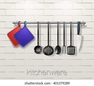 Kitchen tools with kitchenware on a brick background. Vector