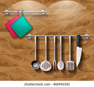 Kitchen tools with kitchenware on a wooden wall. Vector
