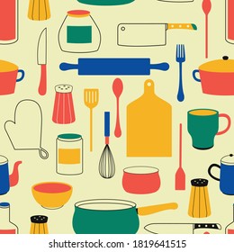 Kitchen tools, kitchenware. Seamless hand drawn pattern vector flat illustration for fabric textile or wrapping paper. 