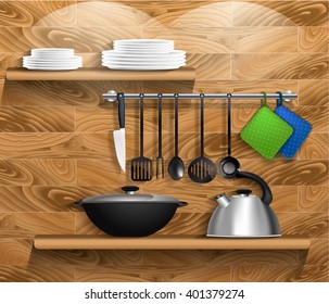 Kitchen tools with kitchenware. Shelf on a wooden wall with utensils, kettle and pan. Vector