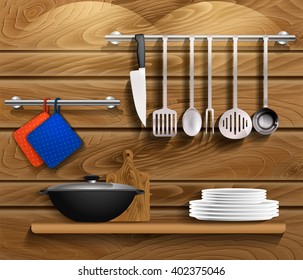 Kitchen tools with kitchenware. Shelf on a wooden wall with utensils, wooden board and pan. Vector