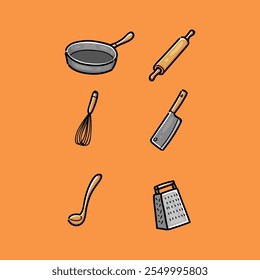 Herramientas de cocina, utensilios de cocina, utensilios de cocina Set Colección Paquete Ilustración vectorial Diseño aislado en un fondo naranja