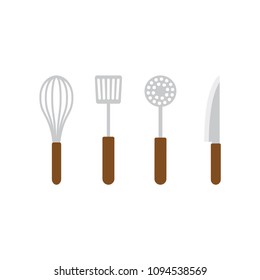 Kitchen tools, knife, scapula, appliance for shaking eggs, spatula shito, vector illustration.