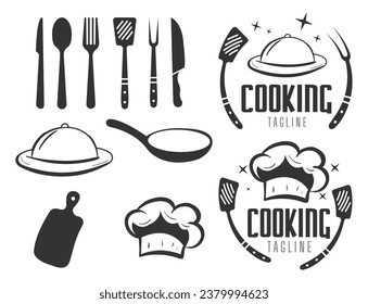 kitchen tools: knife, spoon, fork, spatula, chef hat icon for cooking and dinning, cooking logo create by vector