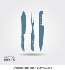 Kitchen tools. Knives and fork for cooking. Flat icon