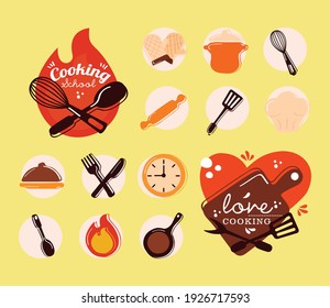 herramientas de cocina y etiquetas con letras