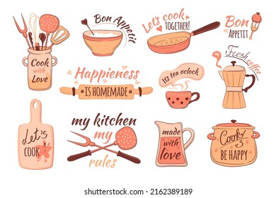 Kitchen tools letters. Cook elements typography quote lettering, rules home preparation food, funny apron cooking, chef label or stamp hand drawn symbol, neat vector illustration