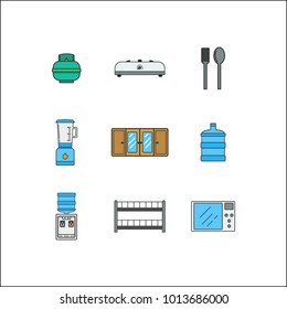 Kitchen tools line icon with flat color.  Microwave, Blender, Spoon and fork, stove, etc. Flat Design.