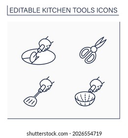 Kitchen Tools Line Icons Set. Cooking Utensils. Pizza Cutter, Shears, Stainer, Spade. Kitchen Equipment Concept. Isolated Vector Illustration. Editable Stroke