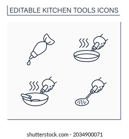 Kitchen tools line icons set. Cooking utensils. Stainless steel skillet, pastry bag, skimmer, wok. Kitchen equipment concept. Isolated vector illustrations. Editable stroke