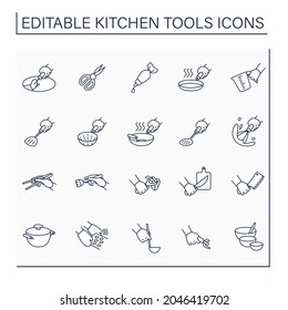 Kitchen tools line icons set. Cooking utensils. Collections of important kitchenware. Kitchen equipment concept. Isolated vector illustration. Editable stroke