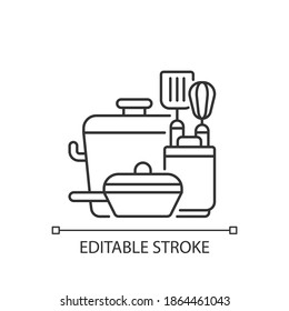 Kitchen Tools Linear Icon. Cooking Supplies. Food Preparation Containers. Cookware And Bakeware. Thin Line Customizable Illustration. Contour Symbol. Vector Isolated Outline Drawing. Editable Stroke