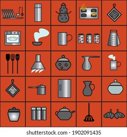 Kitchen tools made of metal and clay.  Isolated vector flat icons on red background.