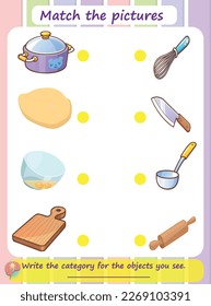 Herramientas de cocina Los juegos de juego coincidentes son juegos educativos para niños. rompecabezas para los niños. 
Hoja de trabajo para la práctica de buenas habilidades motoras. 
