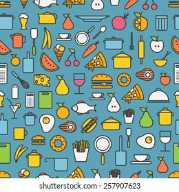 Kitchen tools and meal silhouette icons. Seamless pattern 