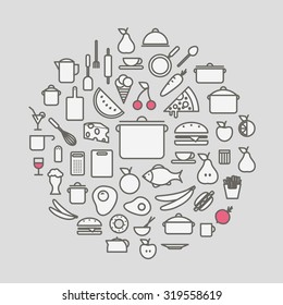 Kitchen tools and meal silhouette icons circle composition. Design elements