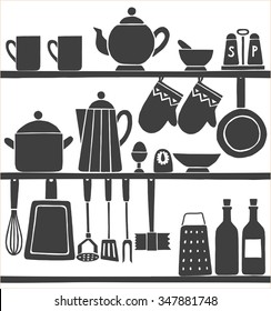 Kitchen tools monochrome hand drawn seamless pattern.