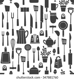 Kitchen tools monochrome hand drawn seamless pattern. 