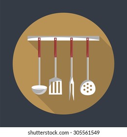 Kitchen tools on  hanger with long shadow. Simple flat vector round icon. EPS 10.