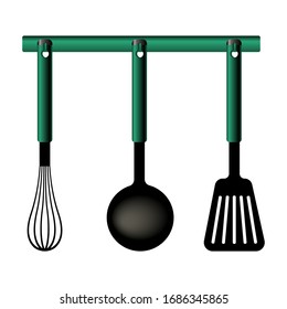 Kitchen tools on a hanger - whisk, ladle, spatula. Isolated vector illustration on white background.