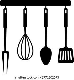 Kitchen tools on a hanger - whisk, ladle, spatula, potato masher. Isolated vector illustration on white background.