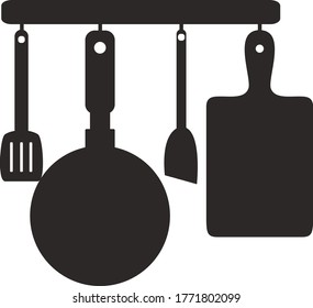Herramientas de cocina en una percha - whisky, ladle, espátula, masher de papas. Ilustración vectorial aislada sobre fondo blanco.