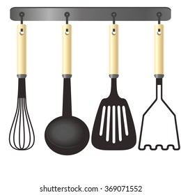 Kitchen tools on a hanger - whisk, ladle, spatula, potato masher. Isolated vector illustration on white background.