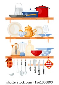 Kitchen tools on shelves vector illustration. Wooden shelf with kitchenware for cooking. Glass, porcelain and enamelware