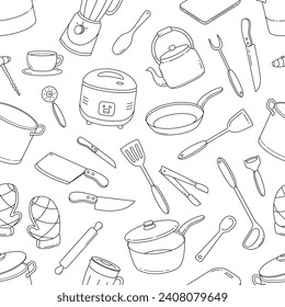 Kitchen tools outline doodle seamless pattern. Cooking utensil in hand drawn sketch style seamless background vector illustration