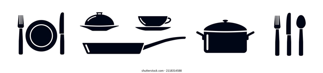 Kitchen tools pot pan plate and cutlery vector icon set
