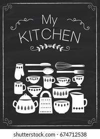 Kitchen tools and pots on the black board