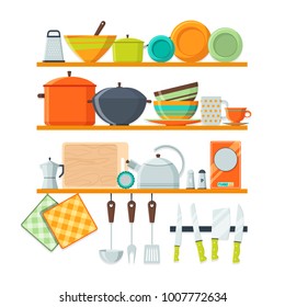 Kitchen tools and restaurant equipment on shelves. Kitchen shelf with kitchenware and utensil, vector illustration