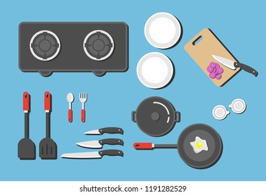 Kitchen tools and restaurant equipment on shelves. Kitchen shelf with kitchenware and utensil, vector flat illustration.