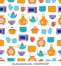 kitchen tools seamless pattern in cartoon flat style, vector icons as saucepan, microwave, plates, apron, scales and cup with teapot isolated on white