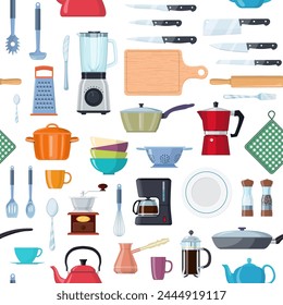 KItchen tools seamless pattern with kitchenware equipment. cookware for cooking and kitchen utensils. Vector illustration in flat style.