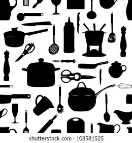 Kitchen tools seamless pattern Silhouette Vector illustration