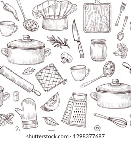 Kitchen tools seamless pattern. Sketch cooking utensils hand drawn kitchenware. Engraved kitchen elements vector background