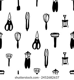 Kitchen tools seamless pattern. Sketch cooking utensils hand drawn doodle kitchenware. Engraved kitchen elements vector background doodle