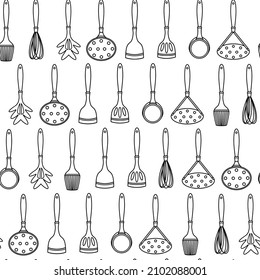 Kitchen tools seamless vector pattern. Hand-drawn illustration on a white backdrop. Utensils - spatula, slotted spoon, ladle, whisk. Culinary concept for decoration, menu design, bar, bakery, web.