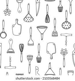 Kitchen tools seamless vector pattern. Hand-drawn illustration on a white backdrop. Utensils - cutting board, slotted spoon, peeler, ladle, whisk. Concept for decoration, menu design, bakery, cafe