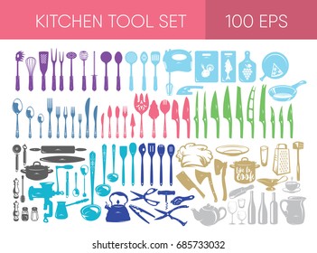 Kitchen tools set of 100 icons of different types of cookware, food, fruits and vegetables on a colored background