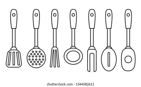Kitchen tools set, black line icons isolated on white background, vector illustration.
