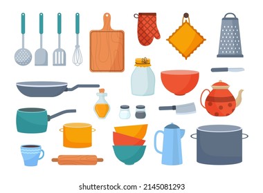 Juego de herramientas de cocina. Colección de platos, platos, cucharas, sartén, cucharas y tenedores. Etiquetas para redes sociales y elementos gráficos. Ilustraciones de caricaturas de vectores planos aisladas en fondo blanco