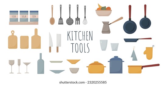 kitchen tools set, kitchen equipment, cooking supplies, bottle, plate, pan, skillet, pot, board, towel, vector illustration