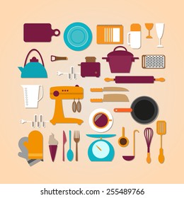 Kitchen tools set in Flat design, workplace vector illustration. 